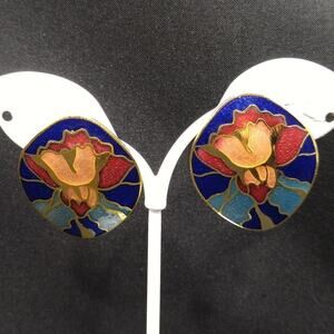 Vintage Cloisonné Blue Pink Enamel Floral Vintage Post Earrings, 1 3/8 Inches